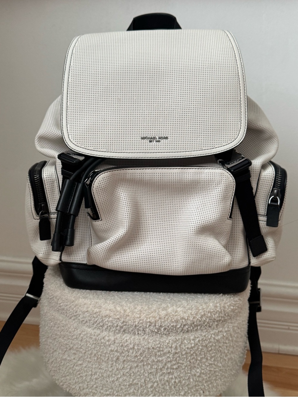 Michael Kors White and Black Perforated Leather Backpack